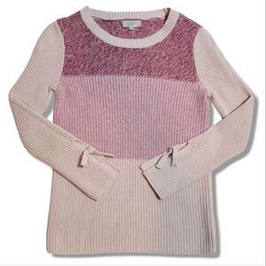 LOFT Sweater Pink Colorblock Ribbed Scoop Neck Long Sleeve Cuff Ties Sweater